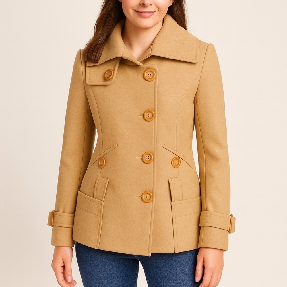 Moda International wool blend coat tailored fit camel peacoat XS